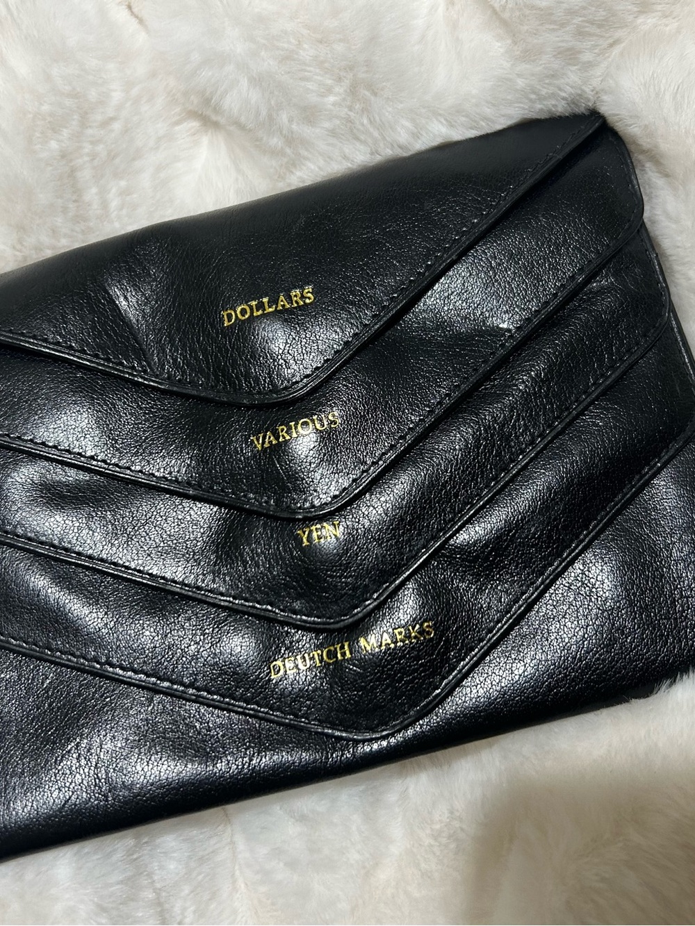 Black Envelope Wallet Clutch with Gold Lettering Money holder International